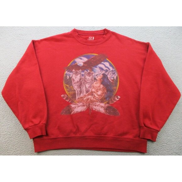 Fruit of the Loom Other - Native American Sweatshirt Extra Large Eagle Wolf Mountains Tribal Western Red